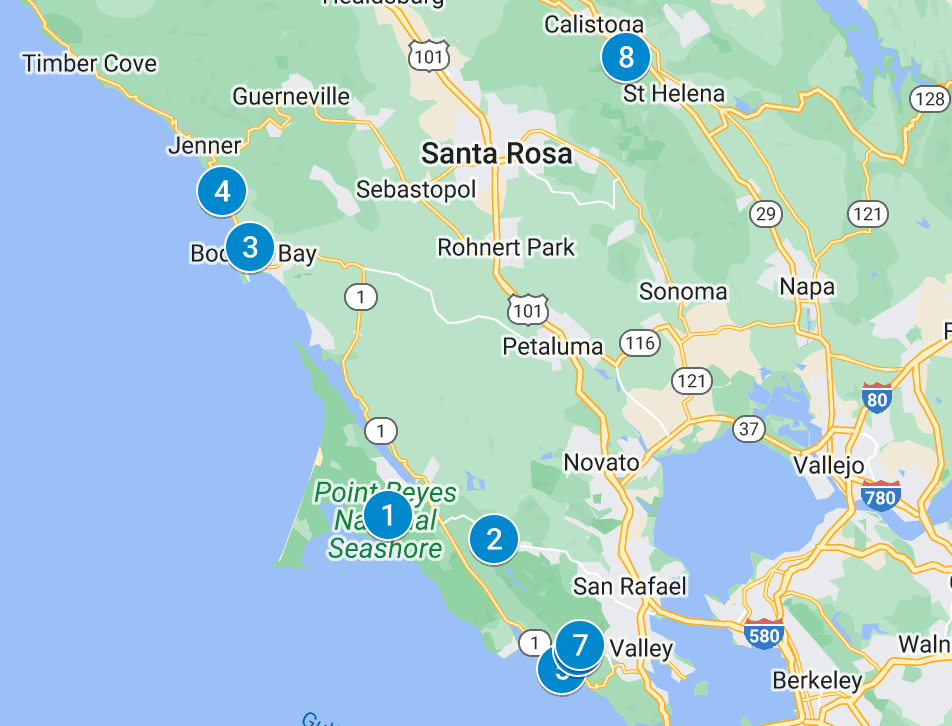 This map shows the best Bay Area car camping destinations north of San Francisco