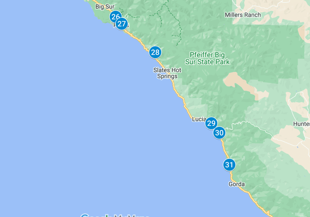 This map shows some of the best car camping destinations in Big Sur, just south of the Bay Area