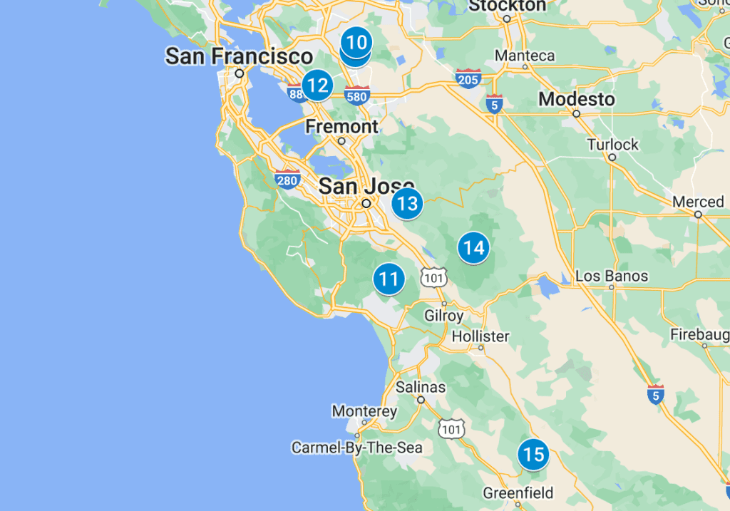 This Map shows the best Bay Area Car Camping destinations from the east bay down to Pinnacles National Park. 
