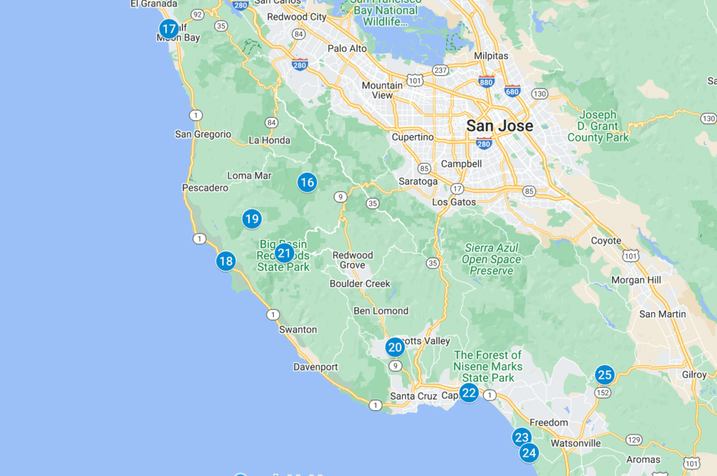 This map shows the best car camping destinations from Half Moon Bay to Monterey Bay.